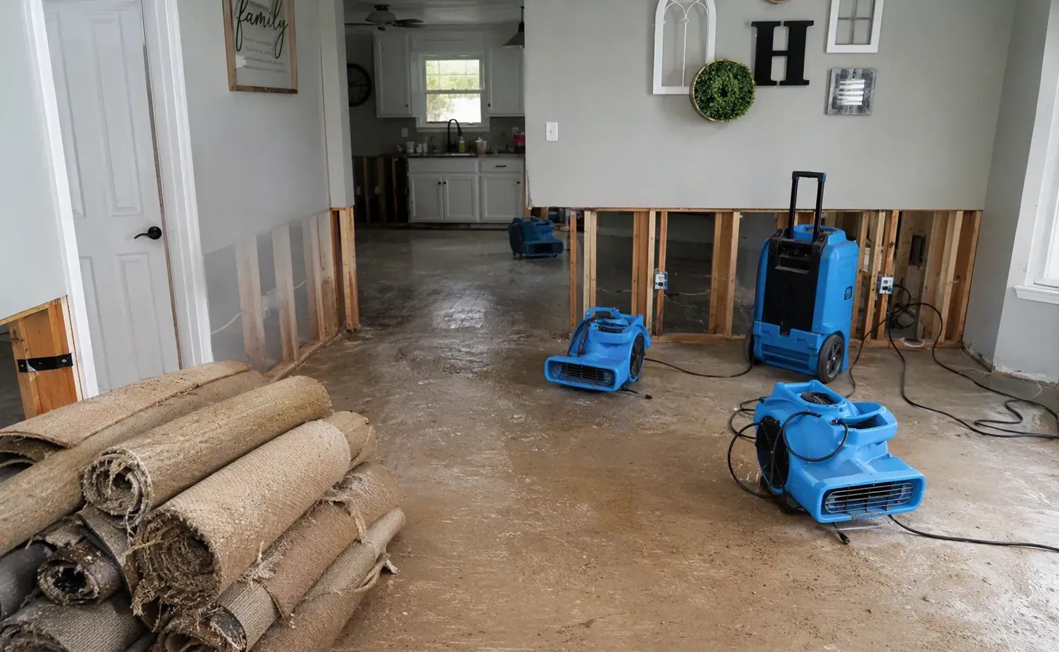 Flood cleanup and water-damaged carpet removal in a Little Rock home
